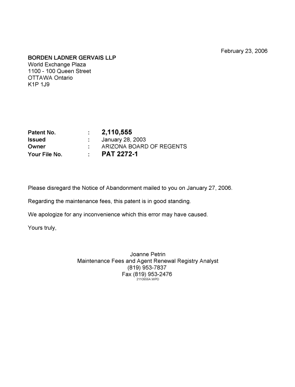 Canadian Patent Document 2110555. Correspondence 20051223. Image 1 of 1