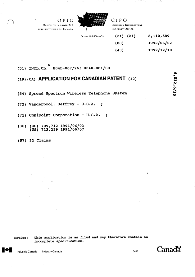 Canadian Patent Document 2110589. Cover Page 19941229. Image 1 of 1
