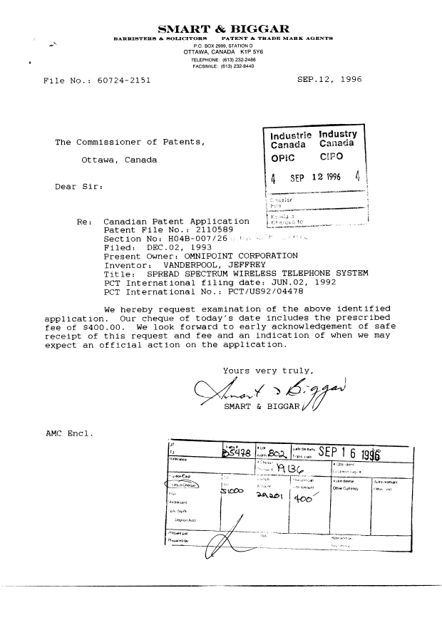 Canadian Patent Document 2110589. Prosecution-Amendment 19951212. Image 1 of 2