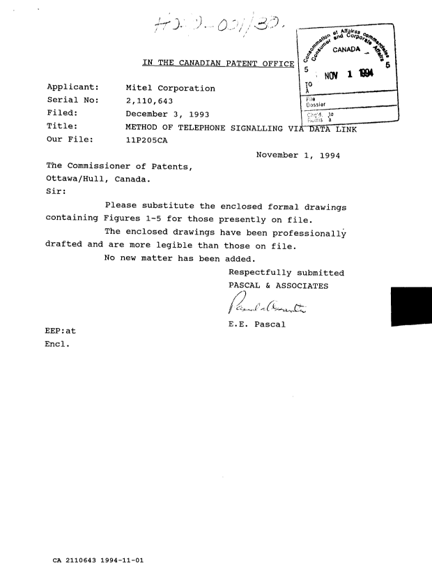 Canadian Patent Document 2110643. Prosecution Correspondence 19941101. Image 1 of 1