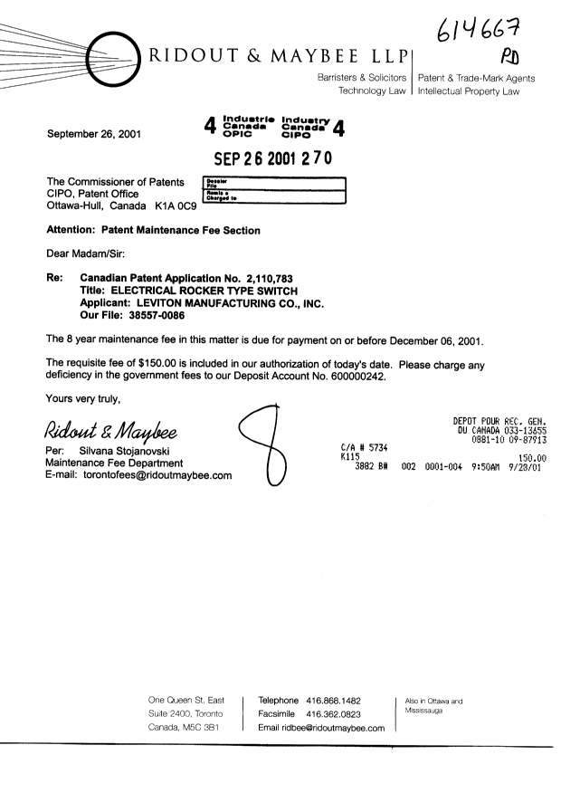 Document de brevet canadien 2110783. Taxes 20010926. Image 1 de 1