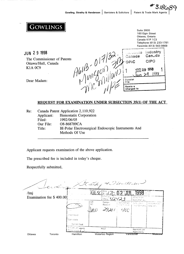 Canadian Patent Document 2110922. Prosecution-Amendment 19980629. Image 1 of 1
