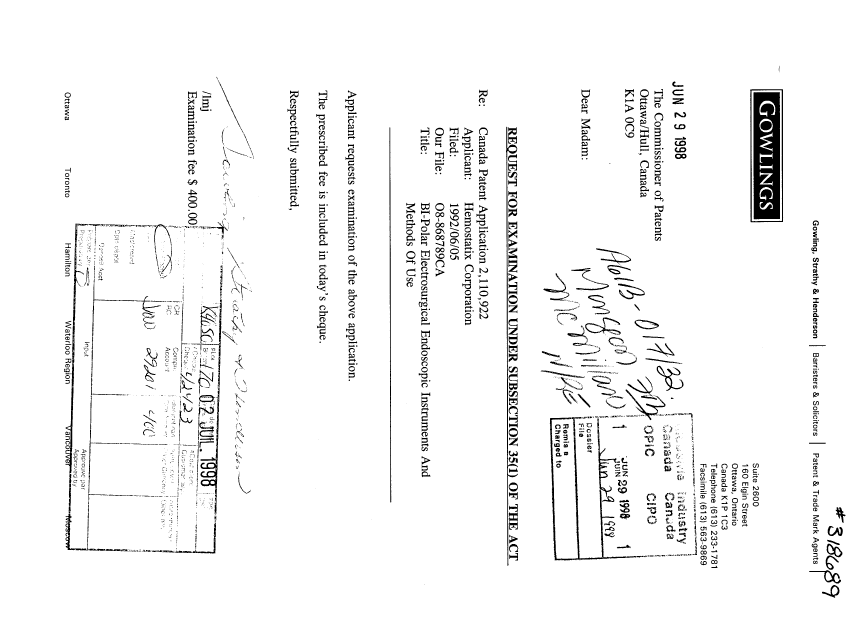 Canadian Patent Document 2110922. Prosecution-Amendment 19980629. Image 1 of 1