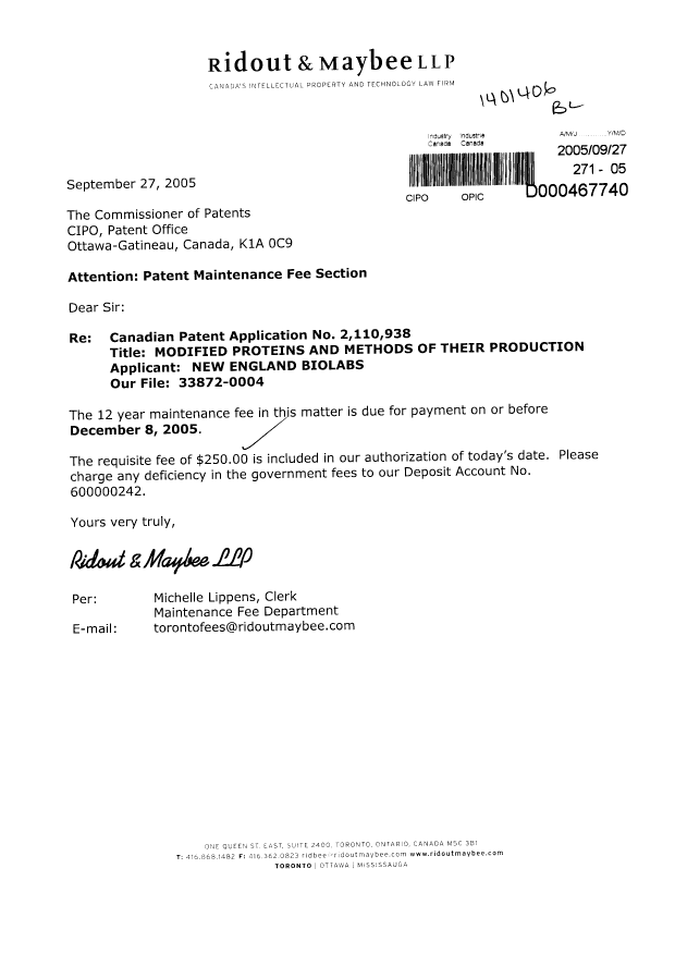 Canadian Patent Document 2110938. Fees 20050927. Image 1 of 1