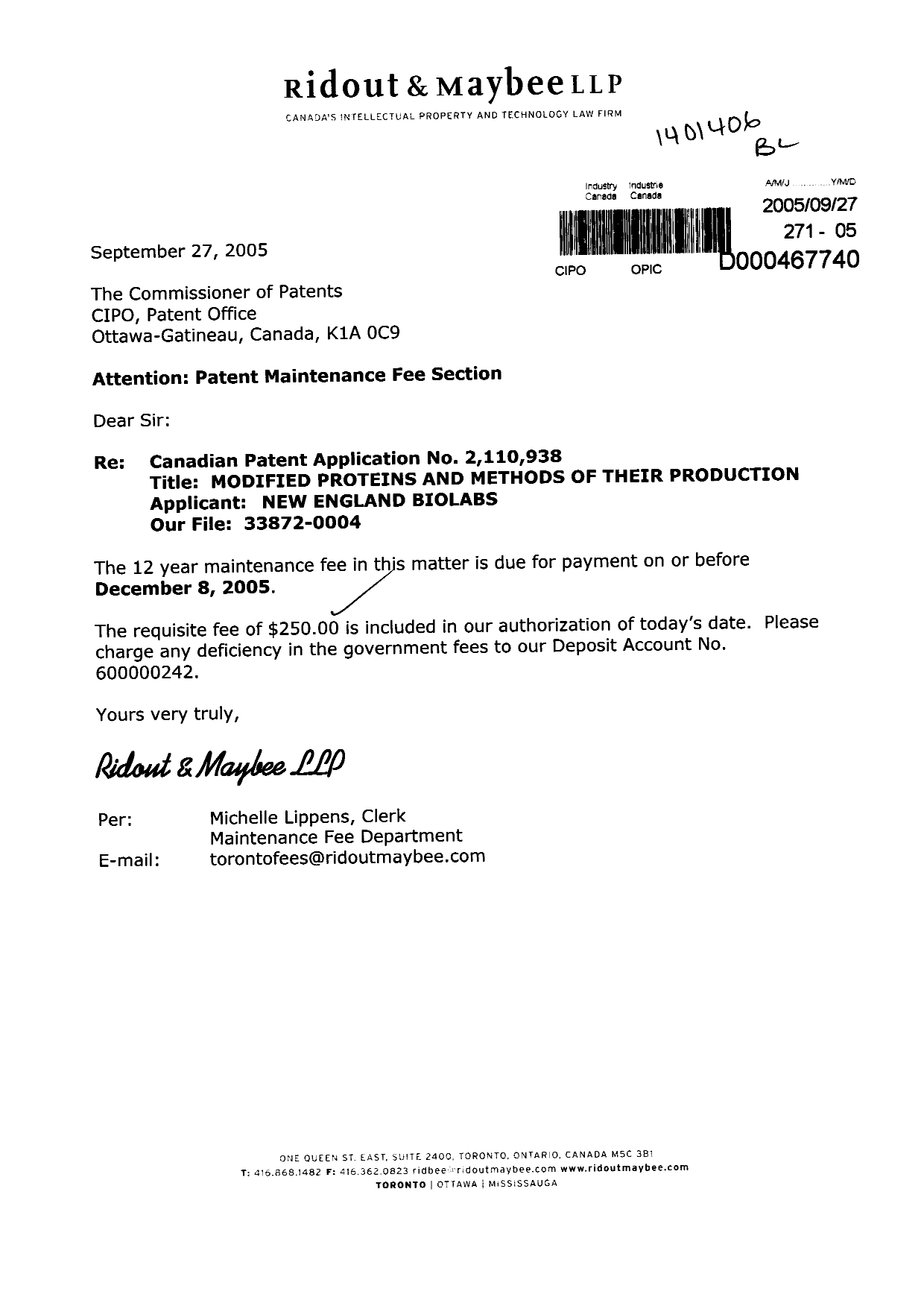 Canadian Patent Document 2110938. Fees 20050927. Image 1 of 1
