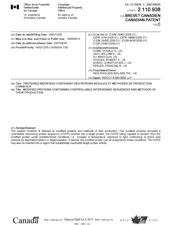 Canadian Patent Document 2110938. Cover Page 20070514. Image 1 of 1