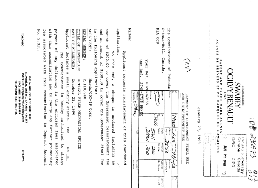 Canadian Patent Document 2110940. Correspondence 19980127. Image 1 of 2