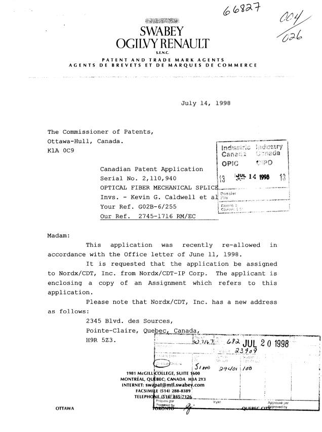 Document de brevet canadien 2110940. Correspondance 19980714. Image 1 de 2