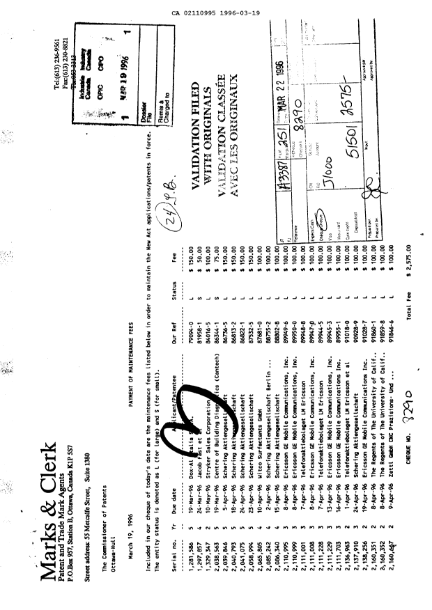 Canadian Patent Document 2110995. Fees 19960319. Image 1 of 1