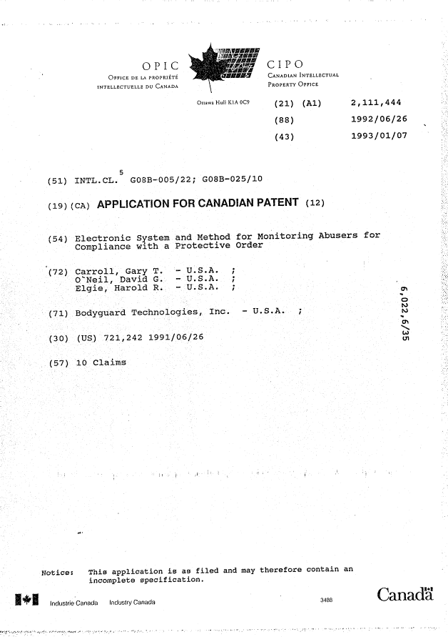 Canadian Patent Document 2111444. Cover Page 19921207. Image 1 of 1