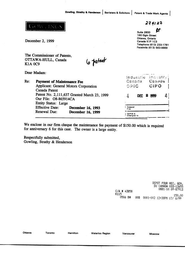 Canadian Patent Document 2111637. Fees 19991202. Image 1 of 1