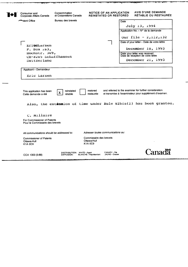 Canadian Patent Document 2112132. Fees 19940713. Image 1 of 4