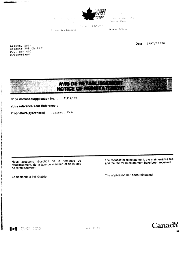 Canadian Patent Document 2112132. Fees 19940713. Image 4 of 4