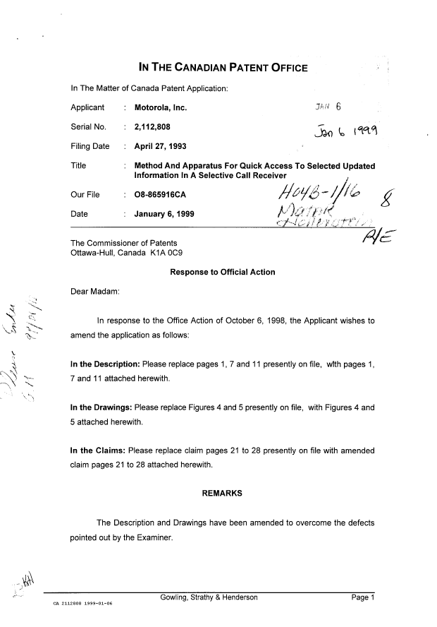 Document de brevet canadien 2112808. Correspondance de la poursuite 19990106. Image 1 de 3