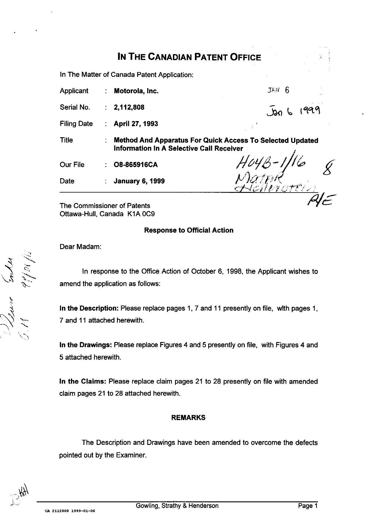Canadian Patent Document 2112808. Prosecution Correspondence 19990106. Image 1 of 3