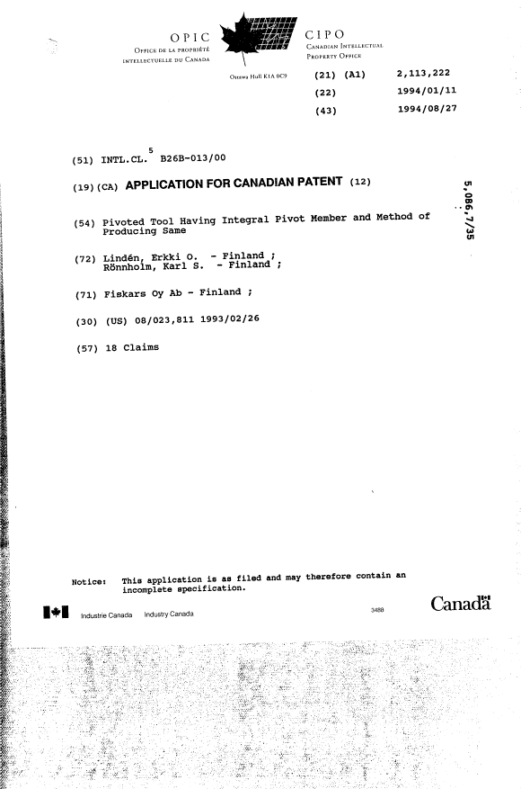 Document de brevet canadien 2113222. Page couverture 19950608. Image 1 de 1