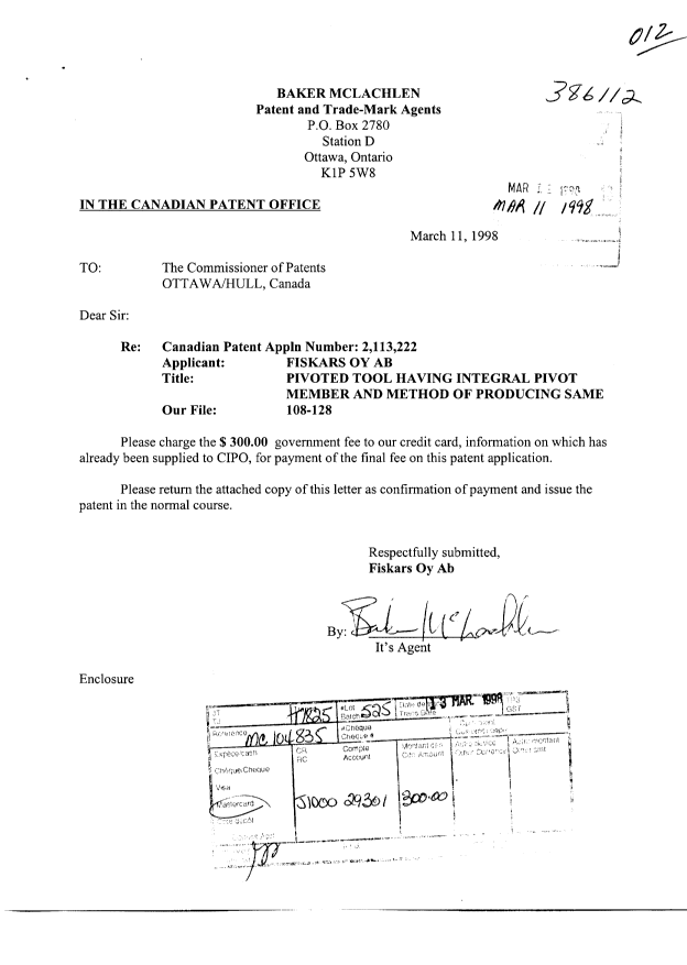 Document de brevet canadien 2113222. Correspondance 19980311. Image 1 de 1