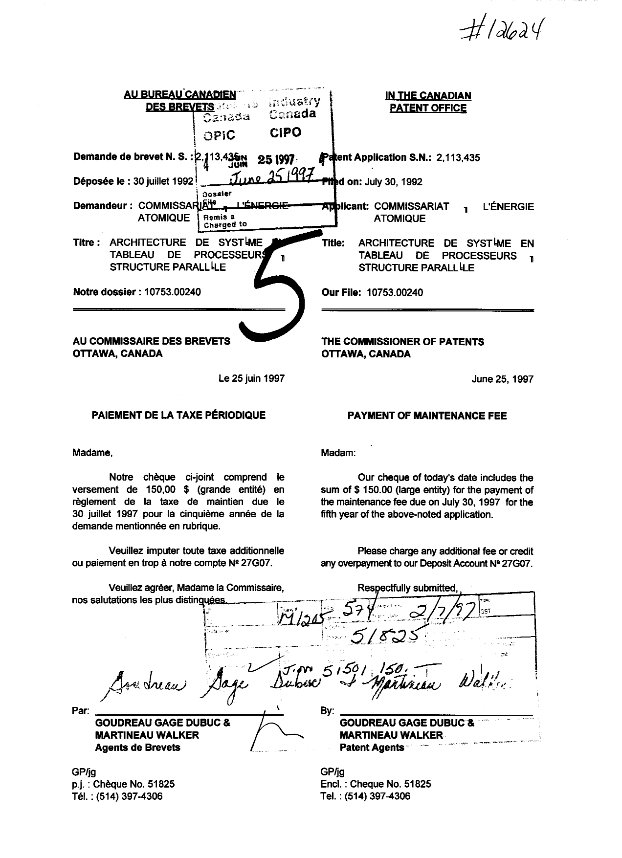 Canadian Patent Document 2113435. Fees 19970625. Image 1 of 1