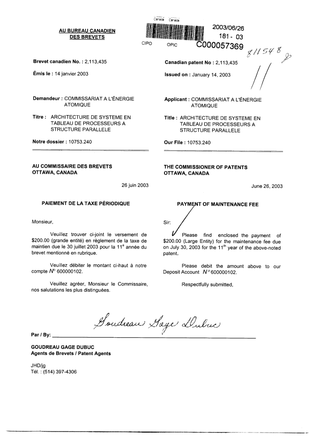 Canadian Patent Document 2113435. Fees 20030626. Image 1 of 1