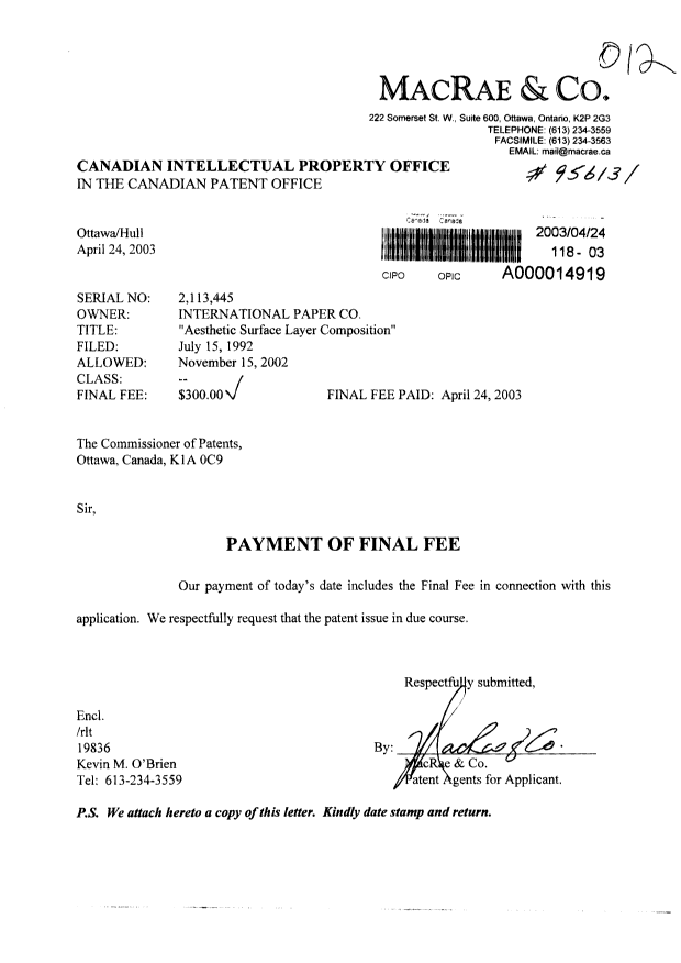 Document de brevet canadien 2113445. Correspondance 20030424. Image 1 de 1