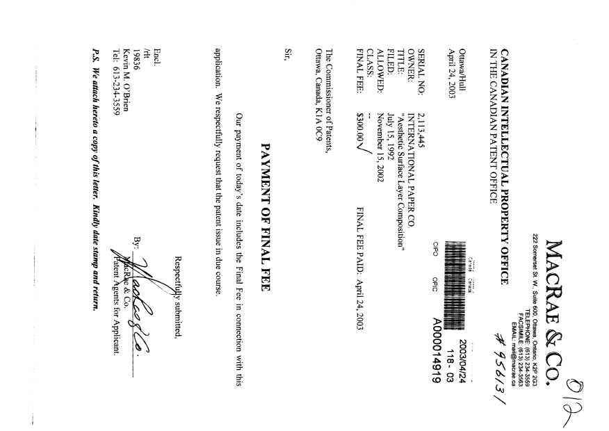 Canadian Patent Document 2113445. Correspondence 20030424. Image 1 of 1
