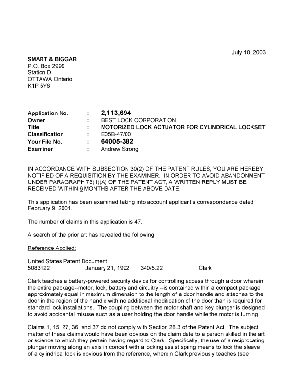 Canadian Patent Document 2113694. Prosecution-Amendment 20030710. Image 1 of 2