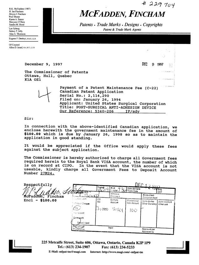 Document de brevet canadien 2114290. Taxes 19971209. Image 1 de 1