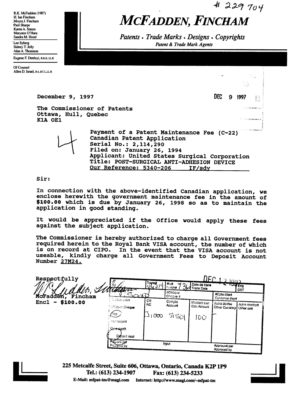 Canadian Patent Document 2114290. Fees 19971209. Image 1 of 1