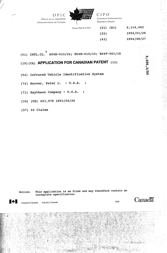 Canadian Patent Document 2114482. Cover Page 19940827. Image 1 of 1