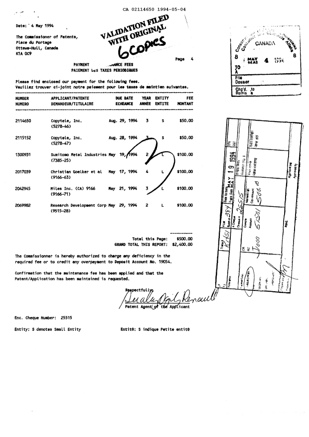 Document de brevet canadien 2114650. Taxes 19931204. Image 1 de 1