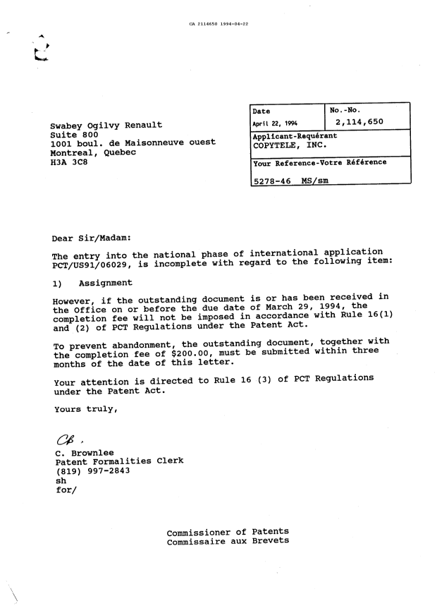 Canadian Patent Document 2114650. Correspondence 19931222. Image 1 of 1