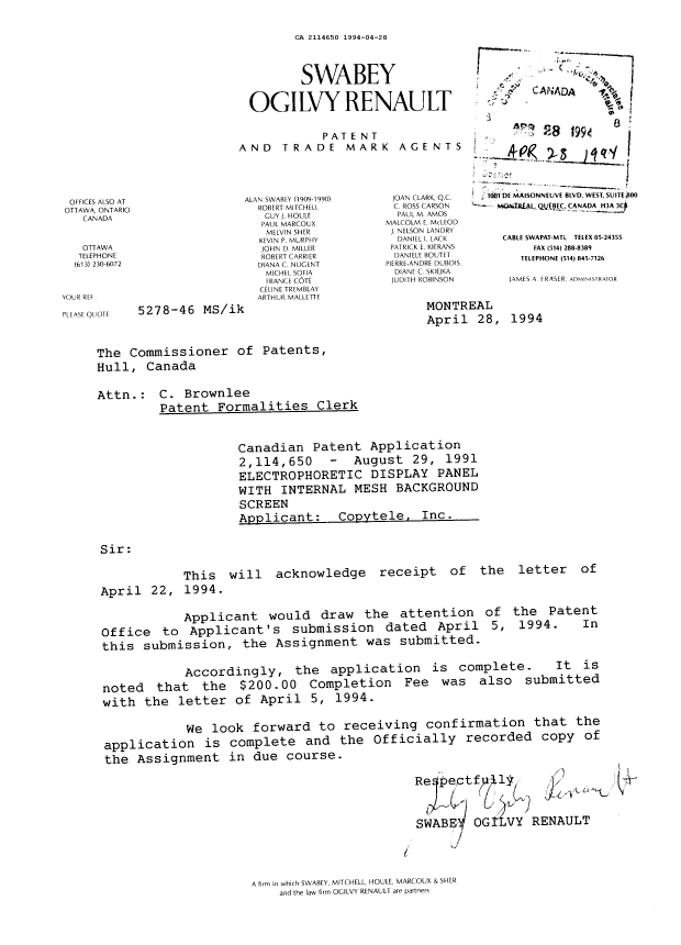 Canadian Patent Document 2114650. Correspondence 19931228. Image 1 of 1