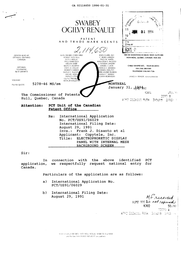 Canadian Patent Document 2114650. Fees 19931231. Image 1 of 1