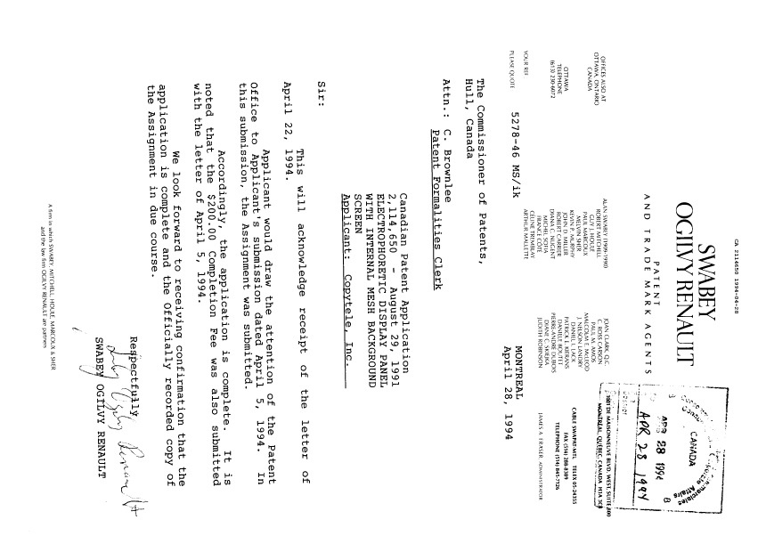 Canadian Patent Document 2114650. PCT Correspondence 19940428. Image 1 of 1