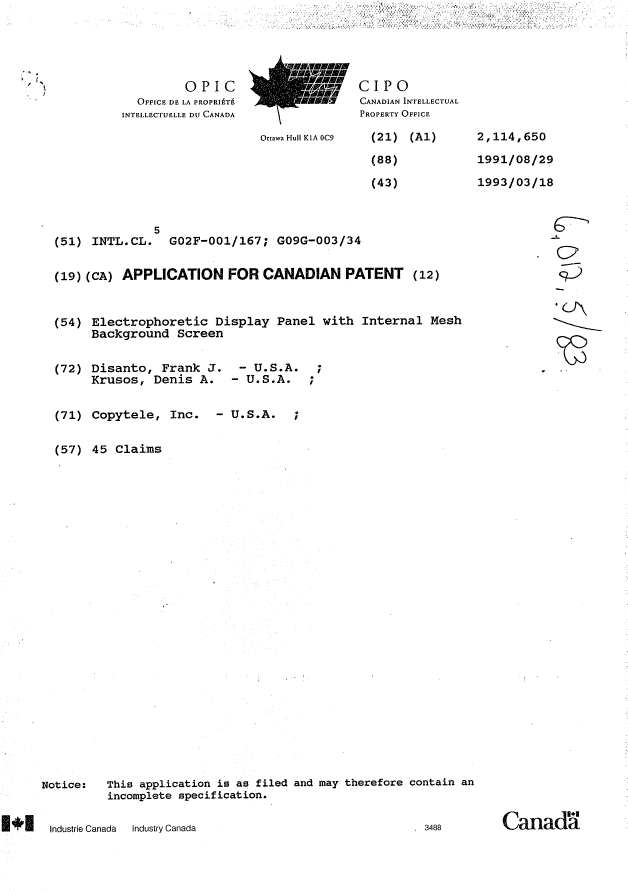 Canadian Patent Document 2114650. Cover Page 19941202. Image 1 of 1