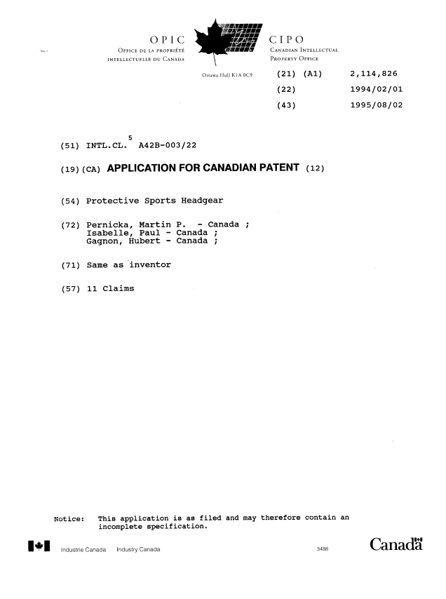 Canadian Patent Document 2114826. Cover Page 19950929. Image 1 of 1