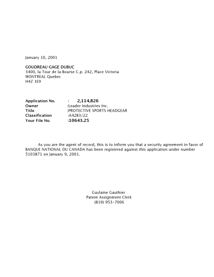 Canadian Patent Document 2114826. Correspondence 20010110. Image 1 of 1