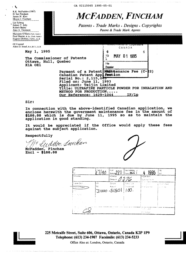 Canadian Patent Document 2115065. Fees 19950501. Image 1 of 1