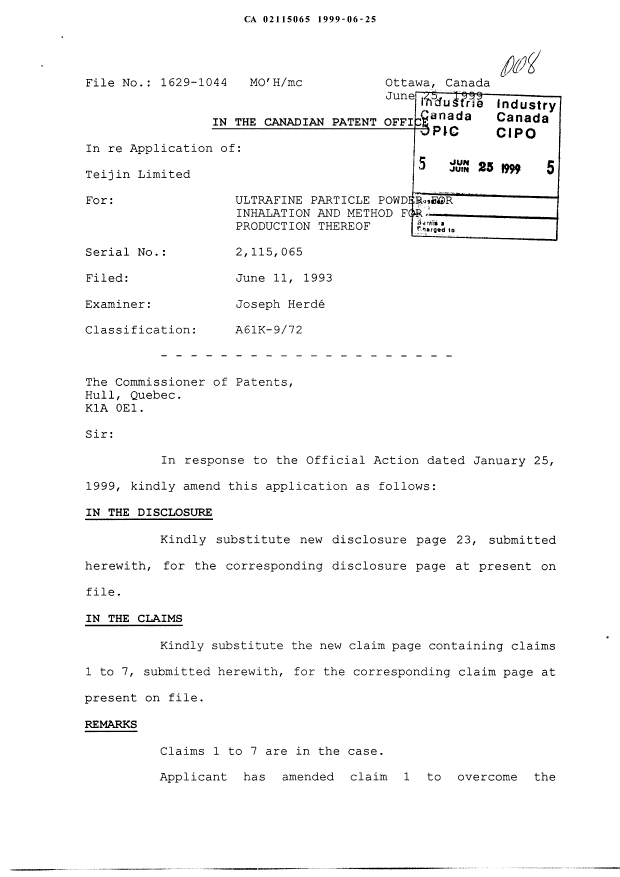 Canadian Patent Document 2115065. Prosecution-Amendment 19990625. Image 1 of 5