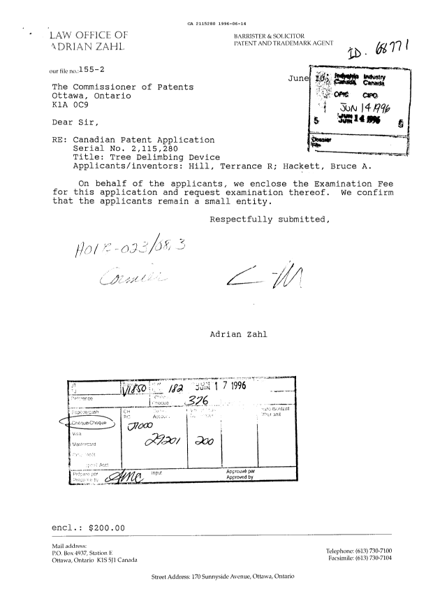 Canadian Patent Document 2115280. Prosecution Correspondence 19960614. Image 1 of 1