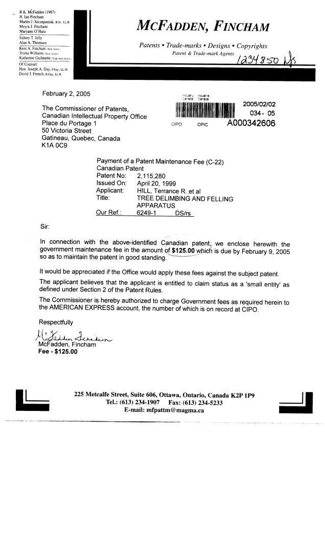 Document de brevet canadien 2115280. Taxes 20050202. Image 1 de 1