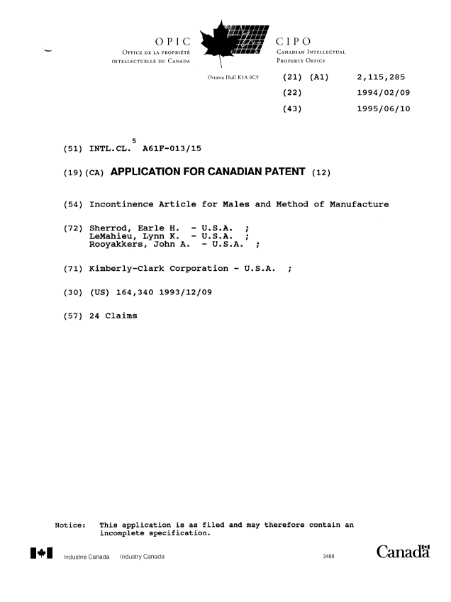 Canadian Patent Document 2115285. Cover Page 19941224. Image 1 of 1