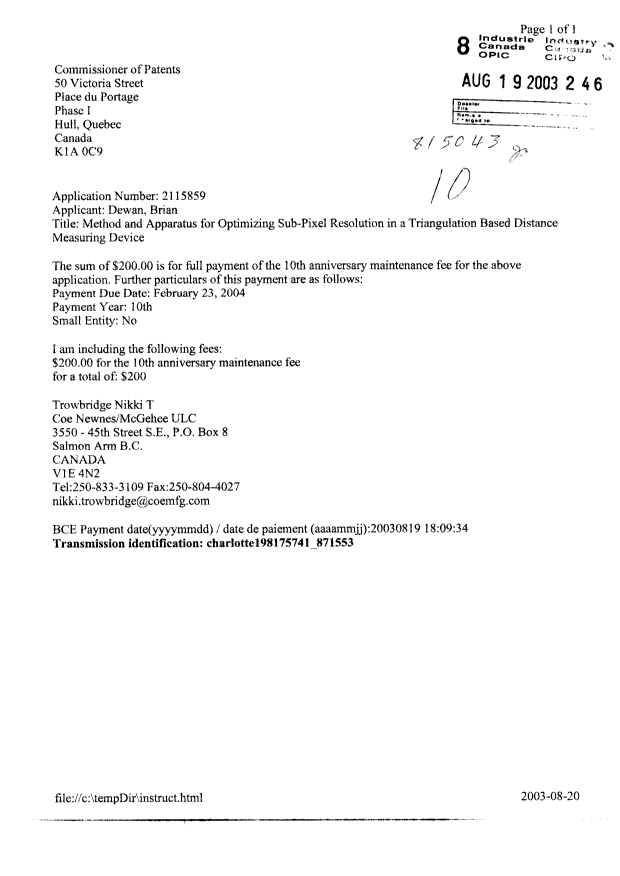Document de brevet canadien 2115859. Taxes 20030819. Image 1 de 1