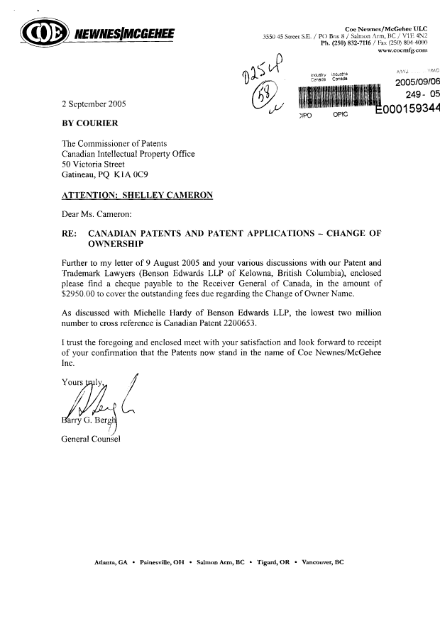 Canadian Patent Document 2115859. Assignment 20050906. Image 1 of 3