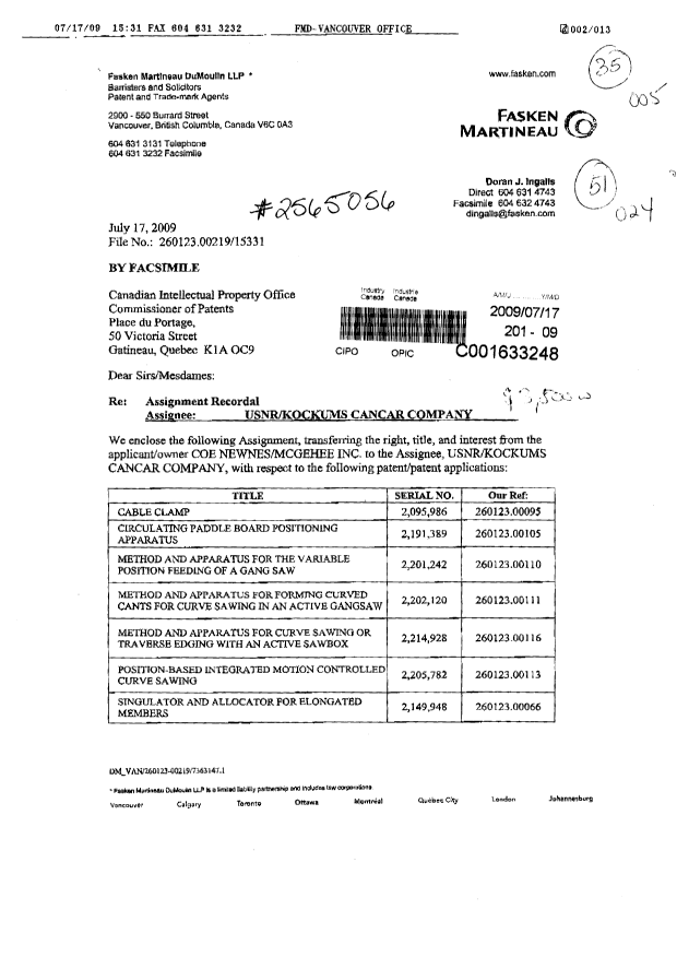 Document de brevet canadien 2115859. Correspondance 20090717. Image 1 de 10