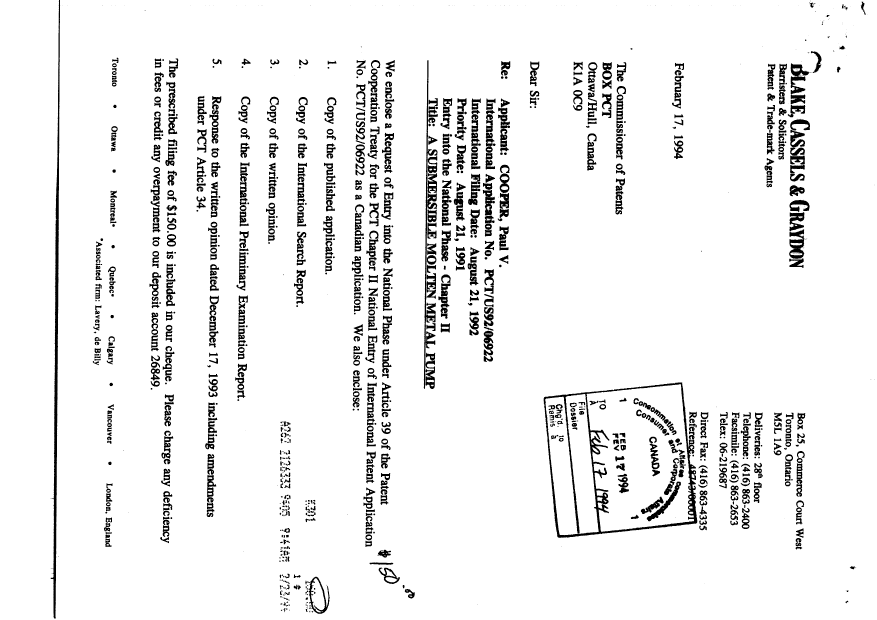 Canadian Patent Document 2115929. Assignment 19940217. Image 1 of 6