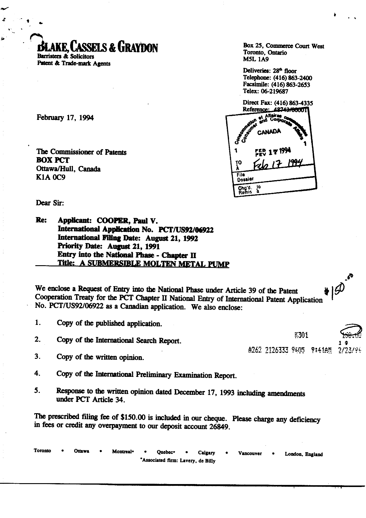 Canadian Patent Document 2115929. Assignment 19940217. Image 1 of 6