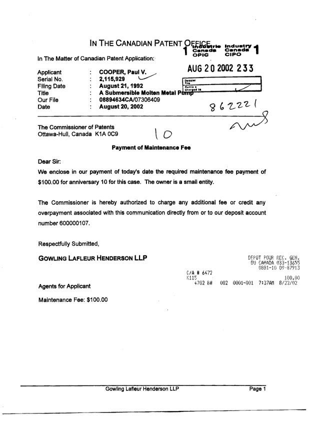 Document de brevet canadien 2115929. Taxes 20020820. Image 1 de 1