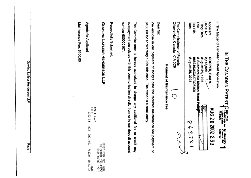 Canadian Patent Document 2115929. Fees 20020820. Image 1 of 1