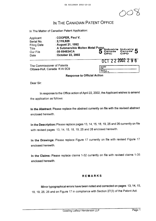 Canadian Patent Document 2115929. Prosecution-Amendment 20021022. Image 1 of 17